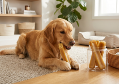 Happy dog with a Naks Snacks chew